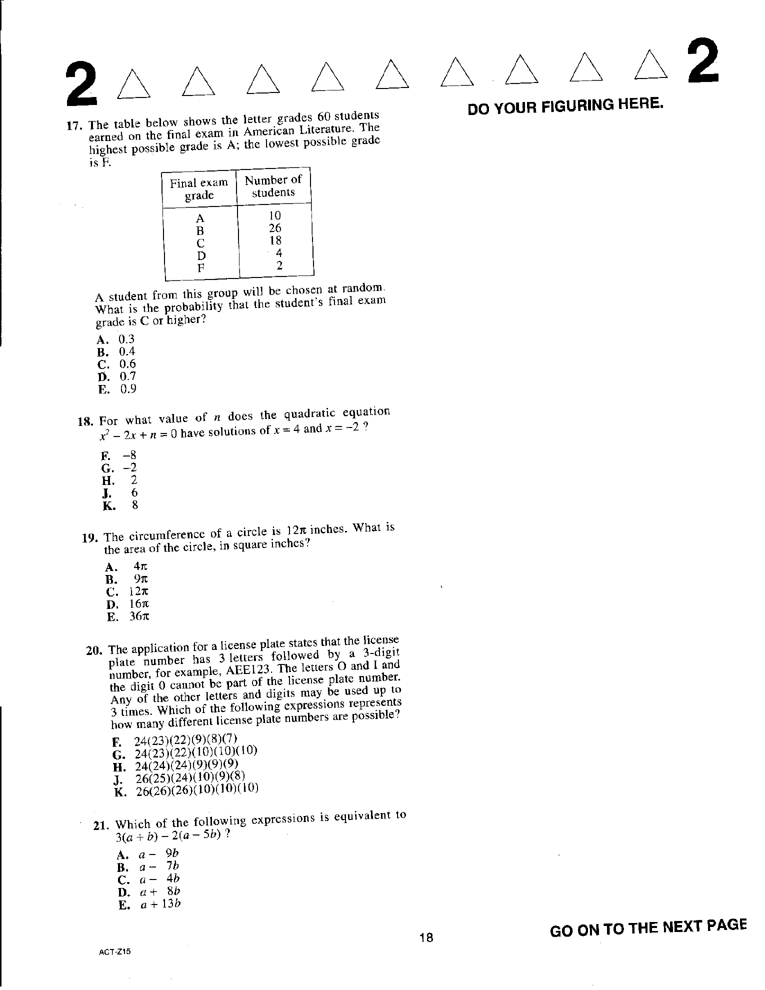 Source page for act-april-2019-form-z15-math-018