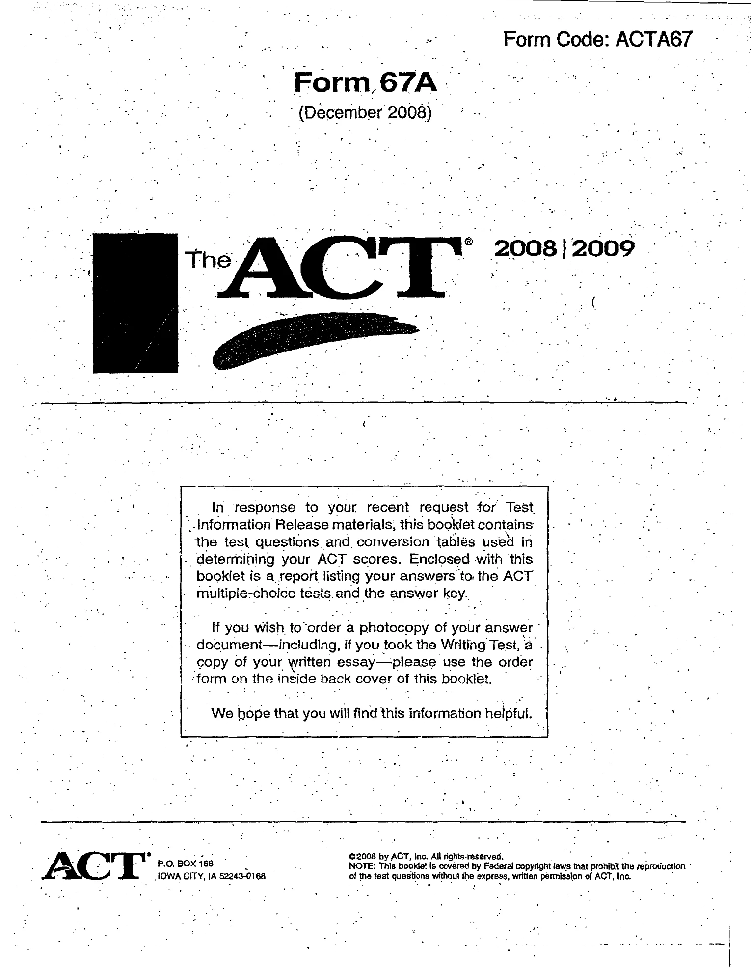 Source page for act-december-2008-form-67a-math-001